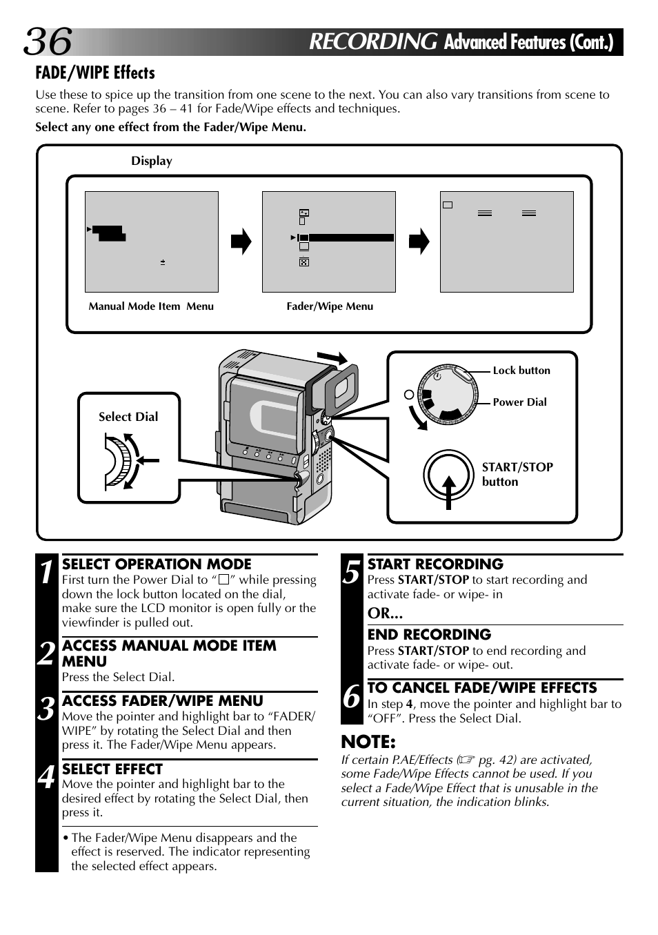 Recording, Advanced features (cont.), Fade/wipe effects | JVC 0797TOV*UN*VP User Manual | Page 36 / 84