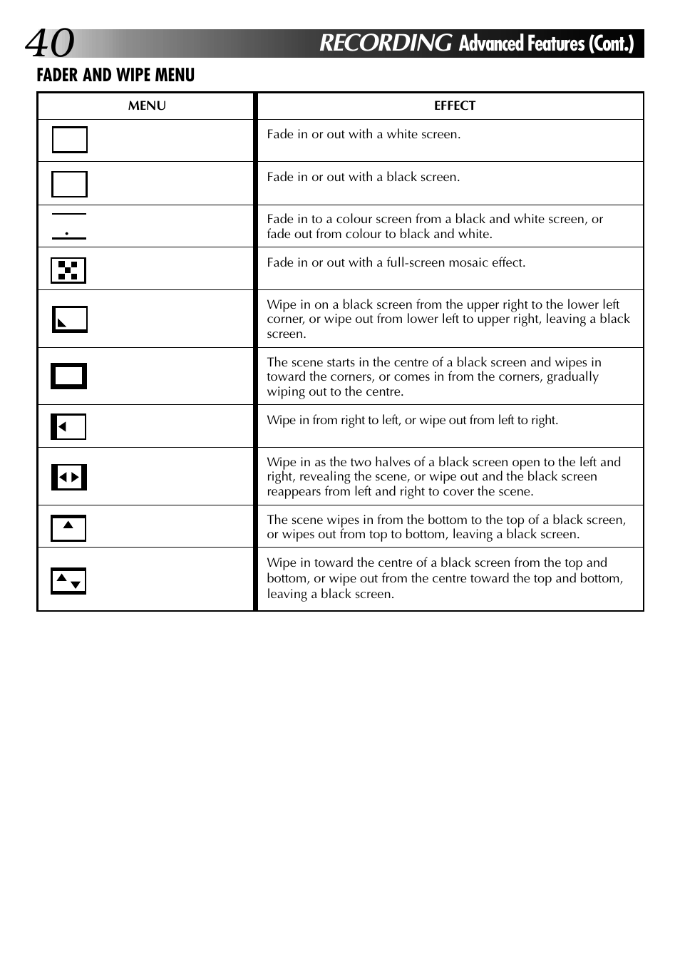 Recording, Advanced features (cont.) | JVC 0797TOV*UN*VP User Manual | Page 40 / 84