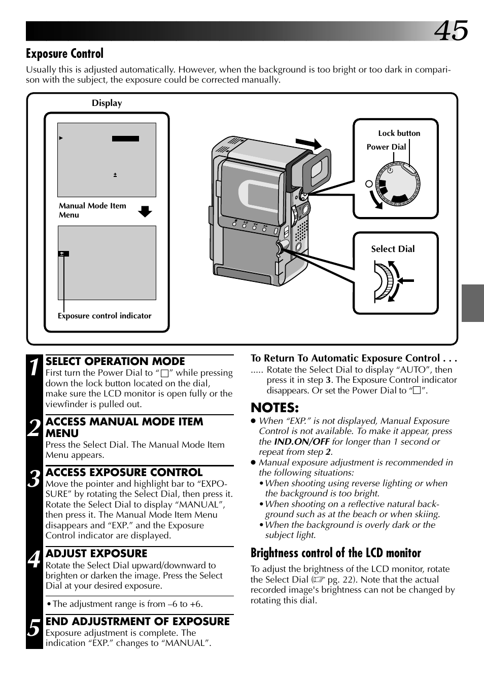 Exposure control, Brightness control of the lcd monitor | JVC 0797TOV*UN*VP User Manual | Page 45 / 84
