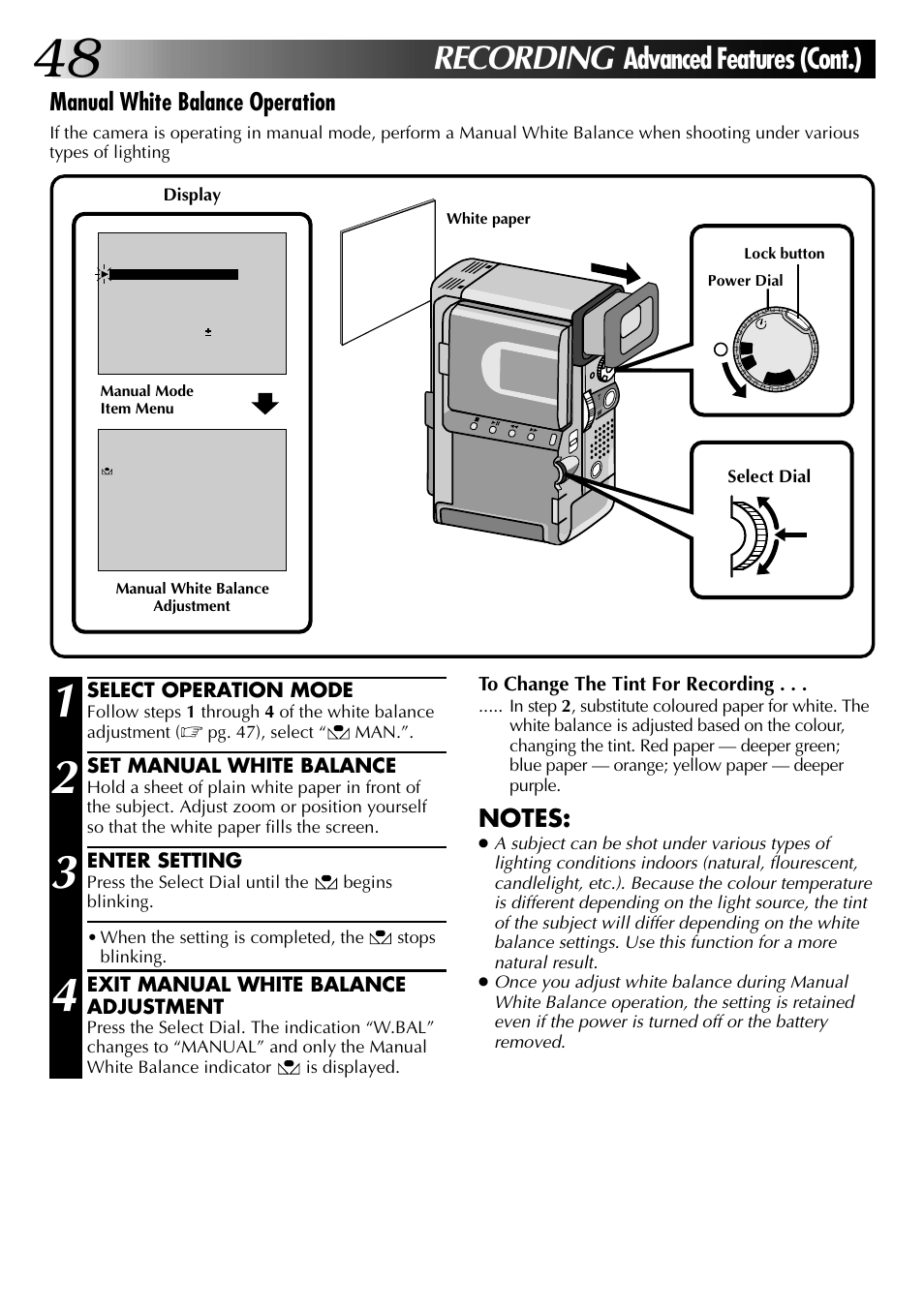 Recording, Advanced features (cont.), Manual white balance operation | JVC 0797TOV*UN*VP User Manual | Page 48 / 84