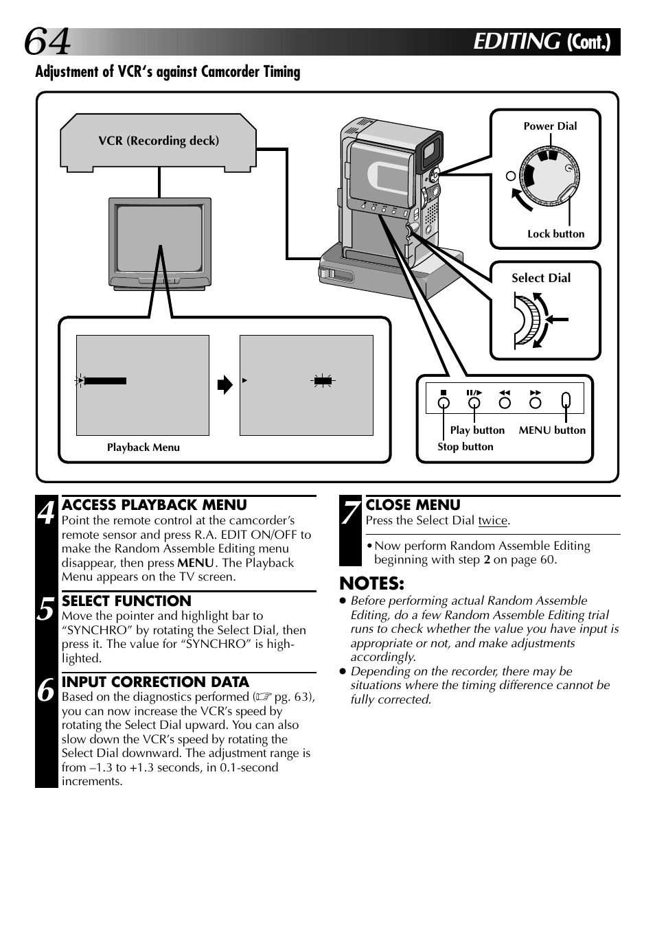 Editing, Cont.), Adjustment of vcr‘s against camcorder timing | JVC 0797TOV*UN*VP User Manual | Page 64 / 84