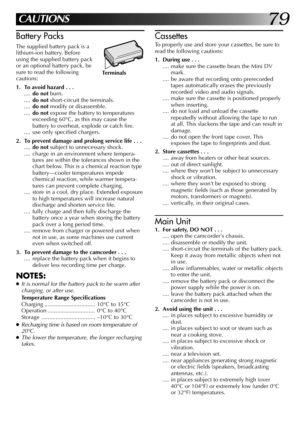 Cautions, Battery packs, Cassettes | Main unit | JVC 0797TOV*UN*VP User Manual | Page 79 / 84