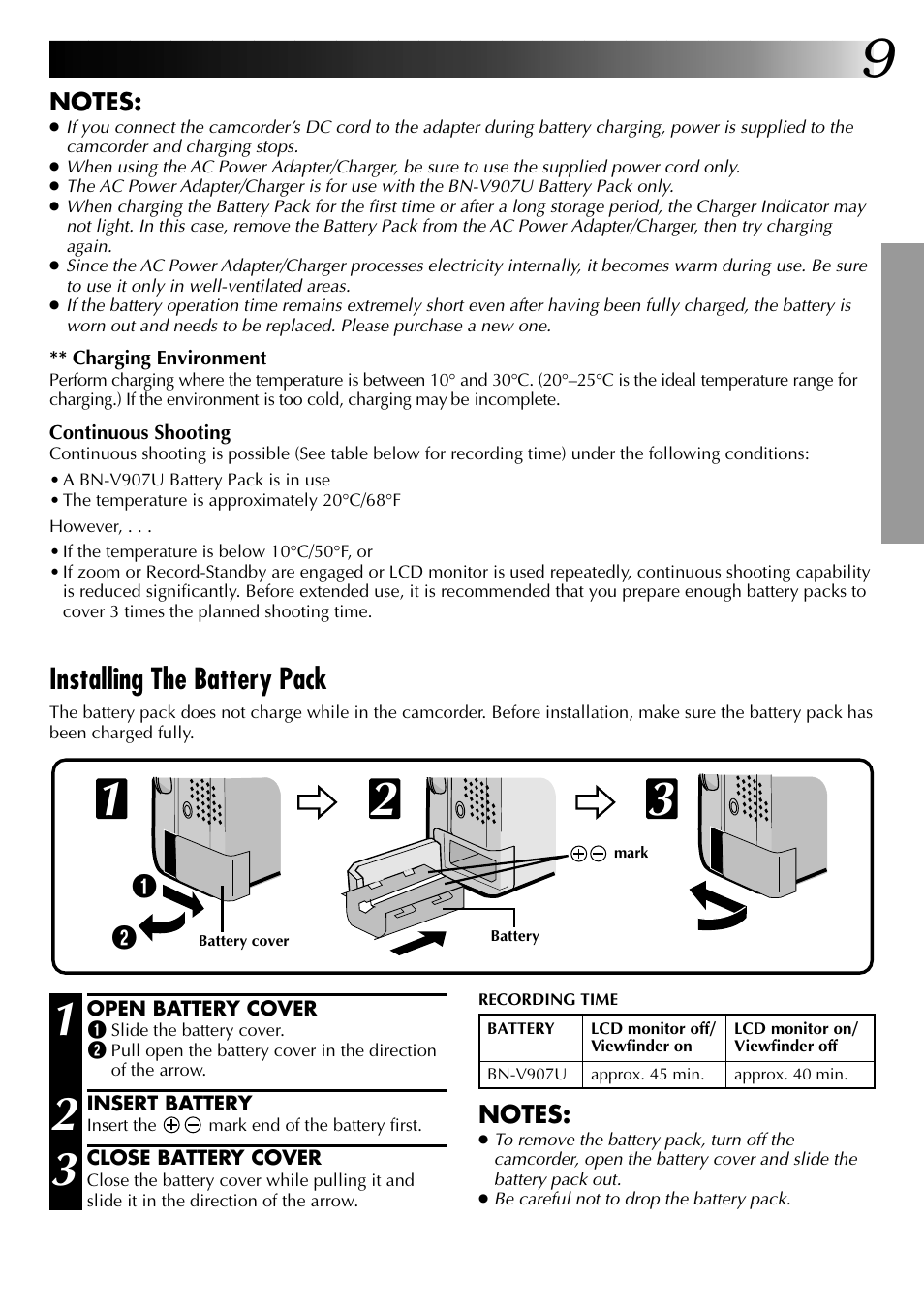 Installing the battery pack | JVC 0797TOV*UN*VP User Manual | Page 9 / 84