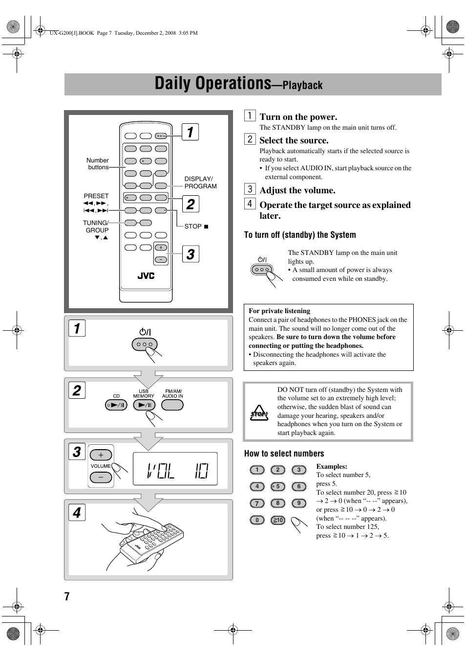 Daily operations—playback, Daily operations, Playback | Turn on the power, Select the source, Adjust the volume, Operate the target source as explained later | JVC Micro Component System UX-G200 User Manual | Page 10 / 28