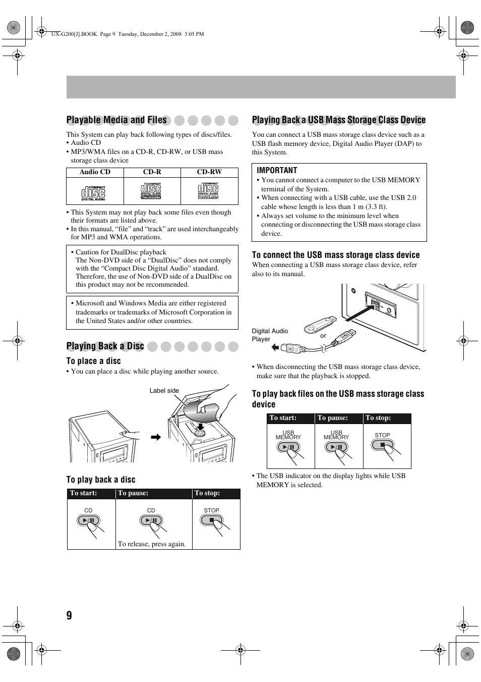 Playable media and files, Playing back a disc, Playing back a usb mass storage class device | JVC Micro Component System UX-G200 User Manual | Page 12 / 28