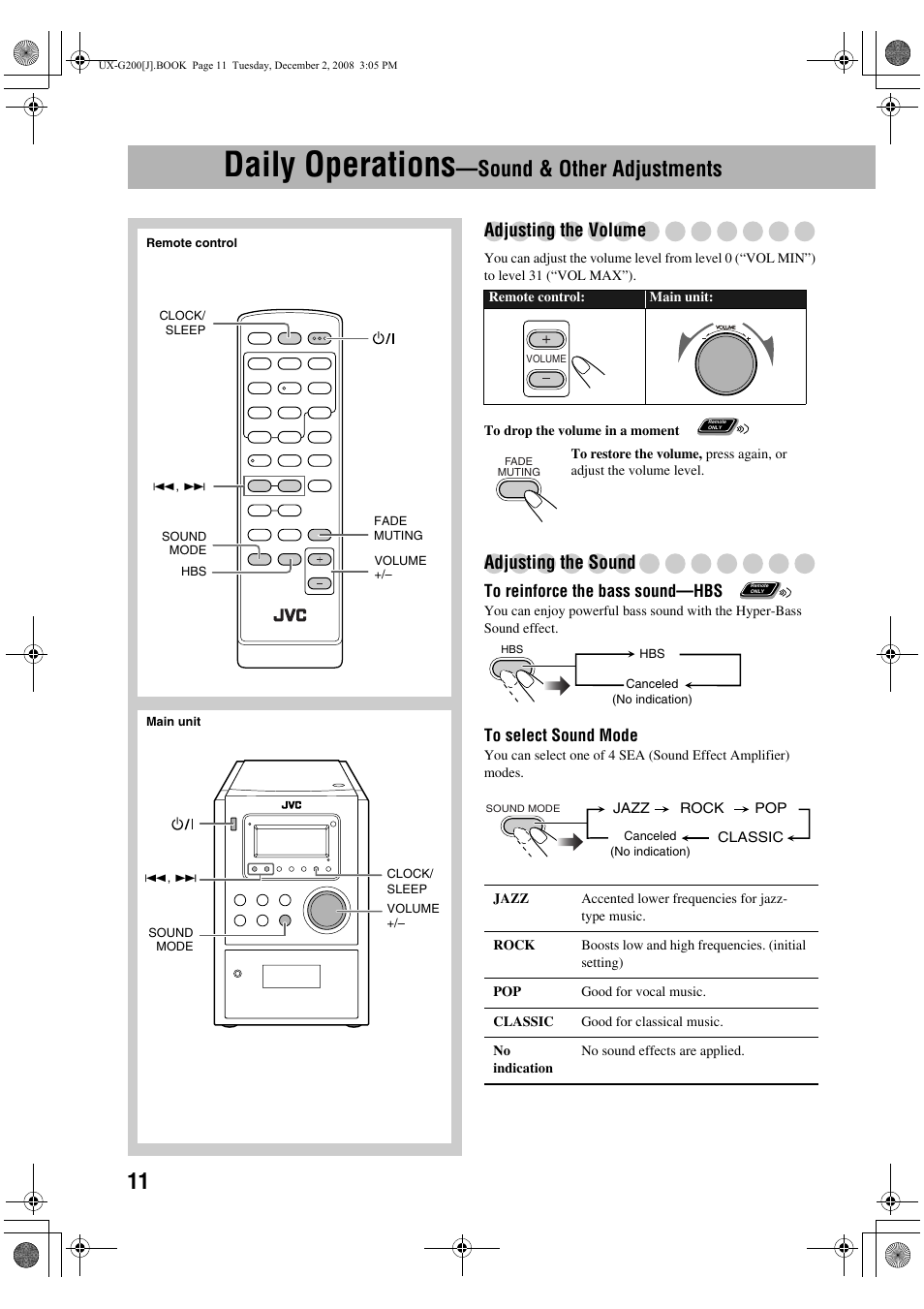 Daily operations—sound & other adjustments, Adjusting the volume, Adjusting the sound | Daily operations, Sound & other adjustments | JVC Micro Component System UX-G200 User Manual | Page 14 / 28