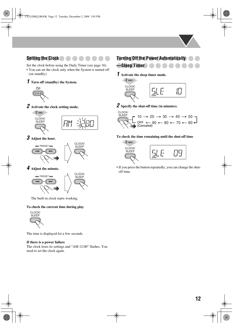 Setting the clock, Turning off the power automatically—sleep timer, Turning off the power automatically —sleep timer | JVC Micro Component System UX-G200 User Manual | Page 15 / 28