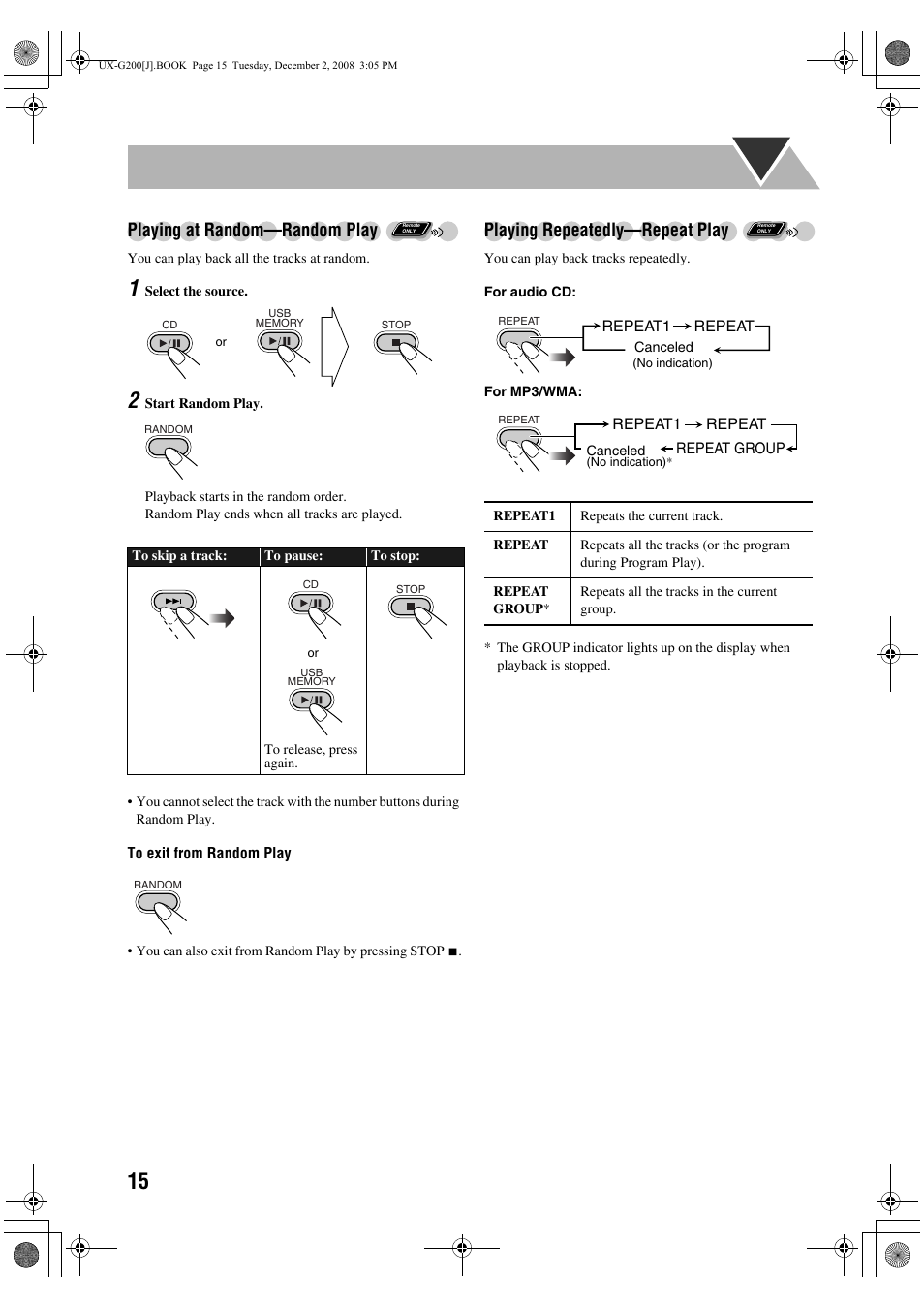 Playing at random—random play, Playing repeatedly—repeat play | JVC Micro Component System UX-G200 User Manual | Page 18 / 28