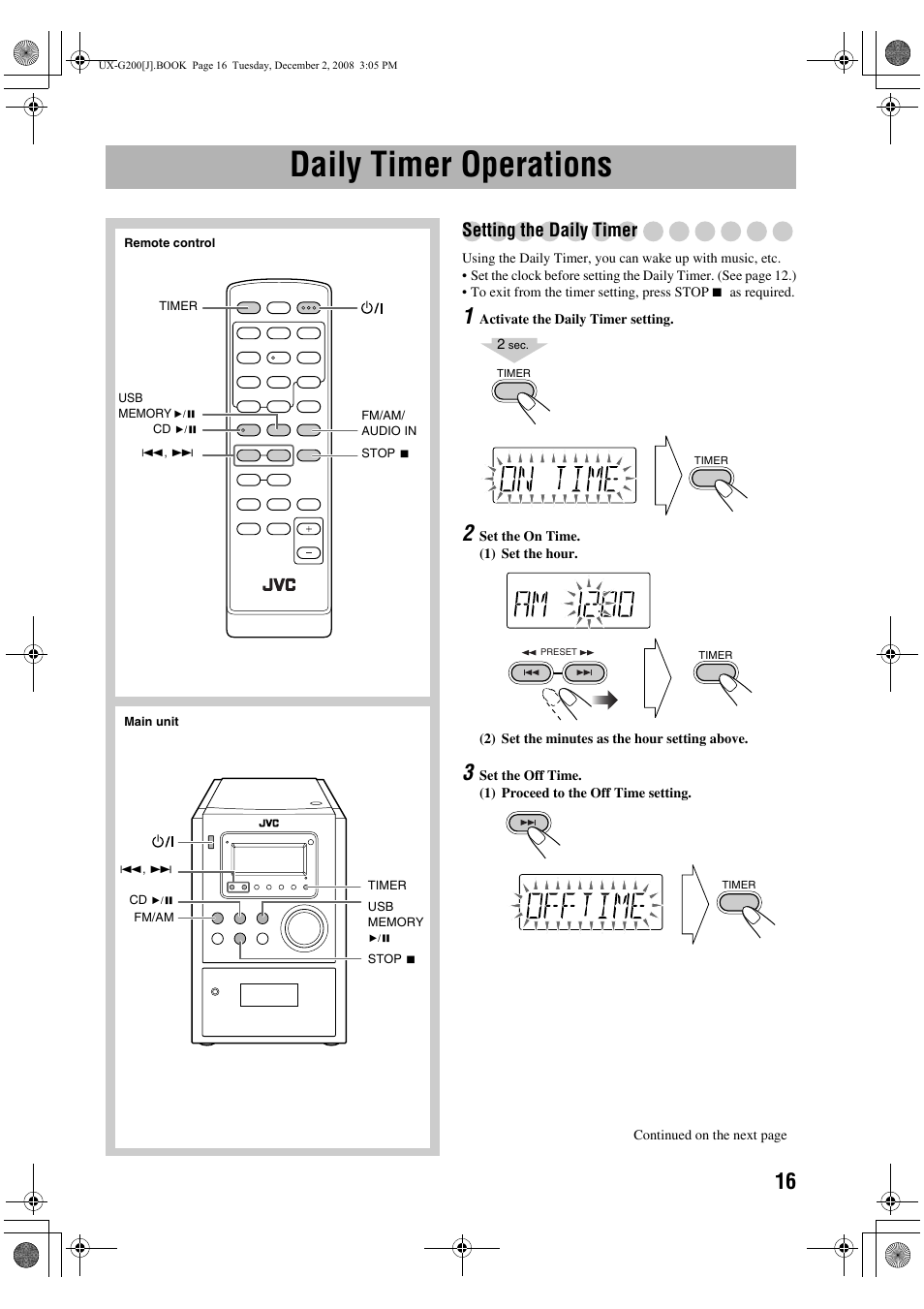 Daily timer operations, Setting the daily timer | JVC Micro Component System UX-G200 User Manual | Page 19 / 28