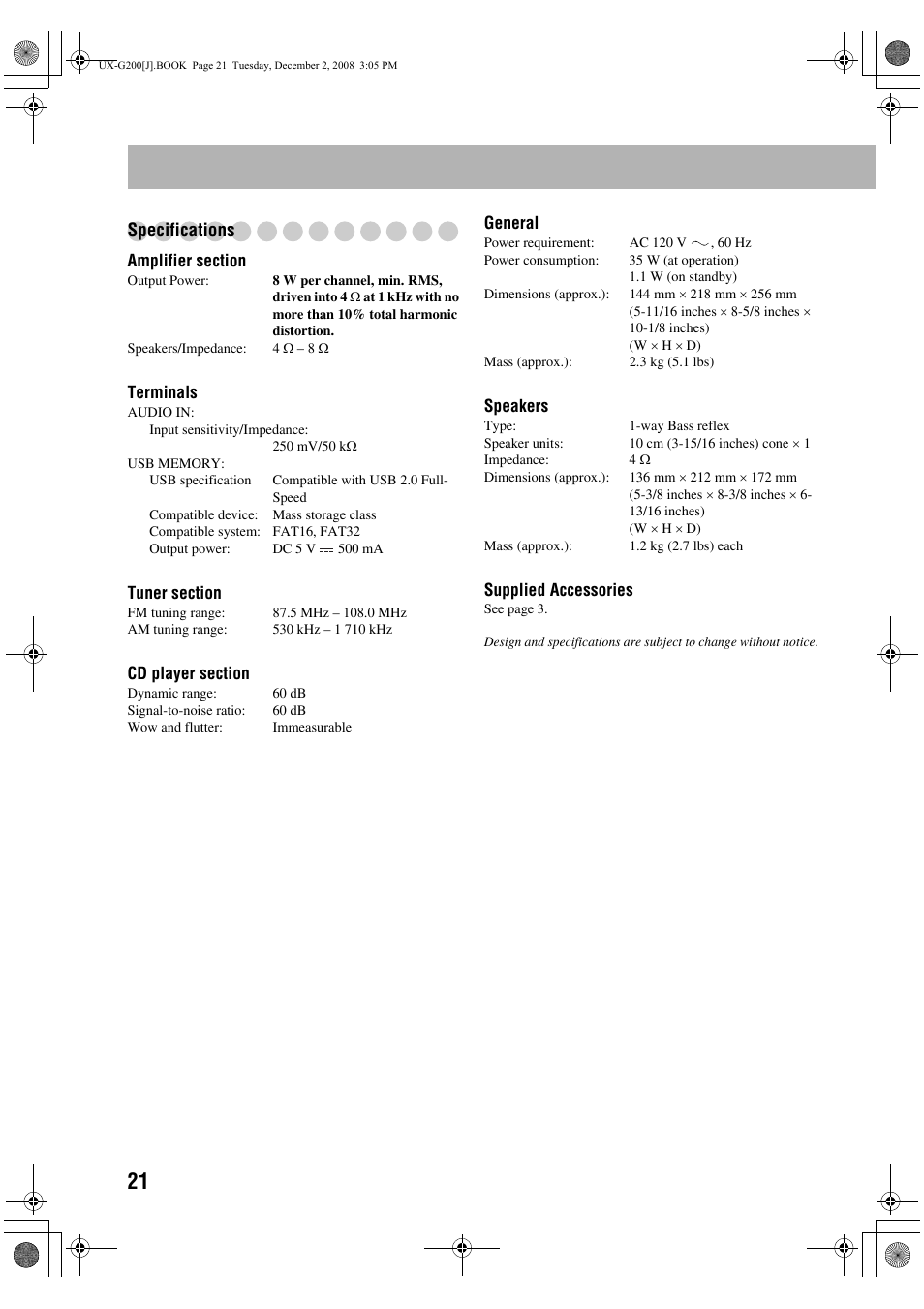 Specifications | JVC Micro Component System UX-G200 User Manual | Page 24 / 28