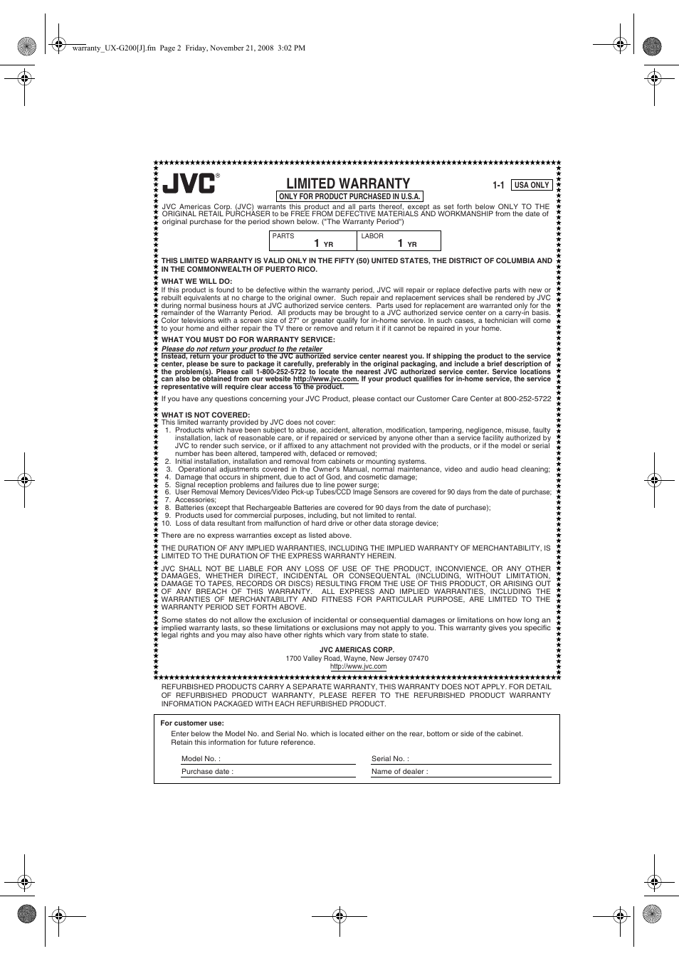 Limited warranty | JVC Micro Component System UX-G200 User Manual | Page 27 / 28