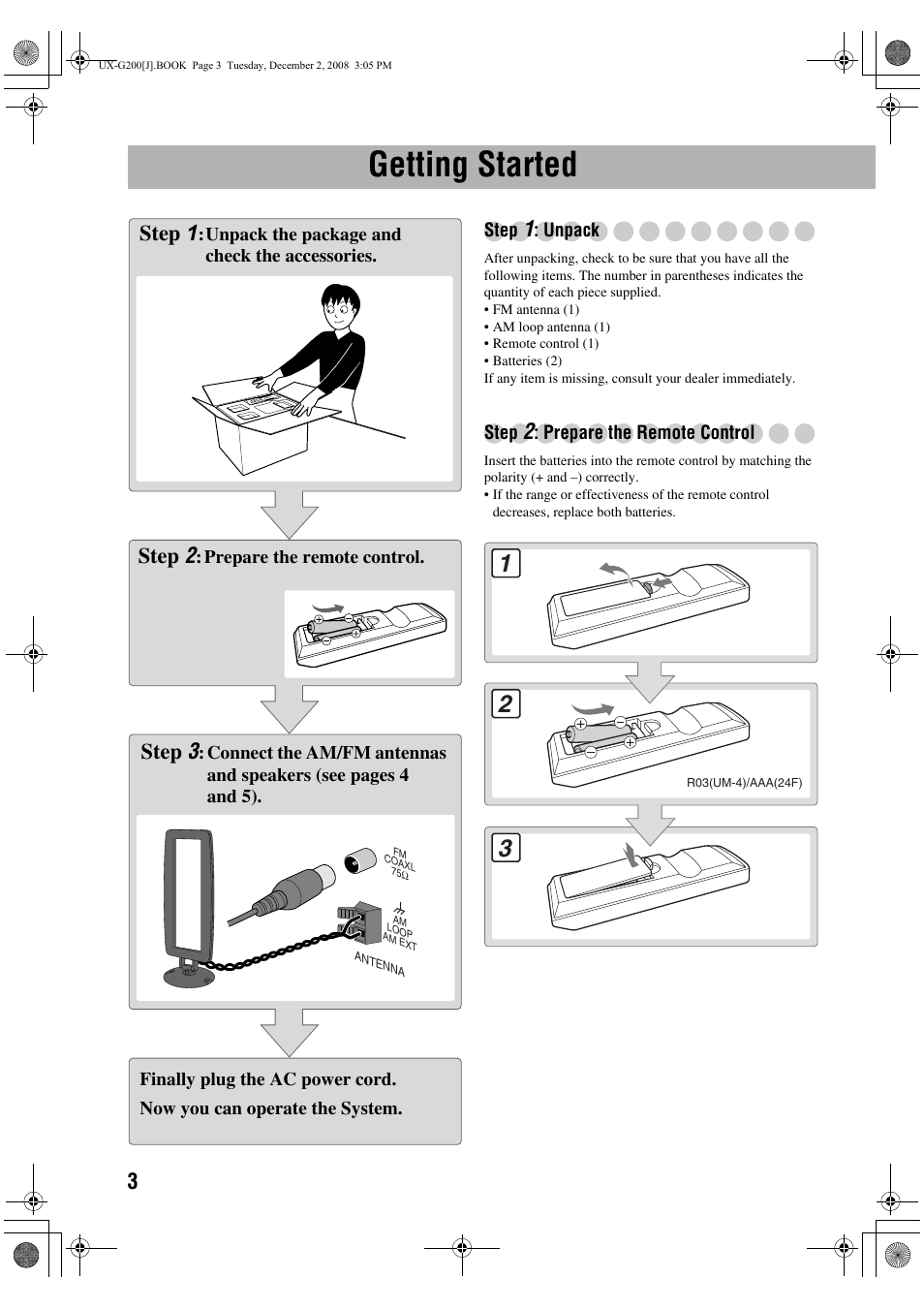 Getting started, Step 1: unpack, Step 2: prepare the remote control | Step 1, Step 2, Step 3 | JVC Micro Component System UX-G200 User Manual | Page 6 / 28