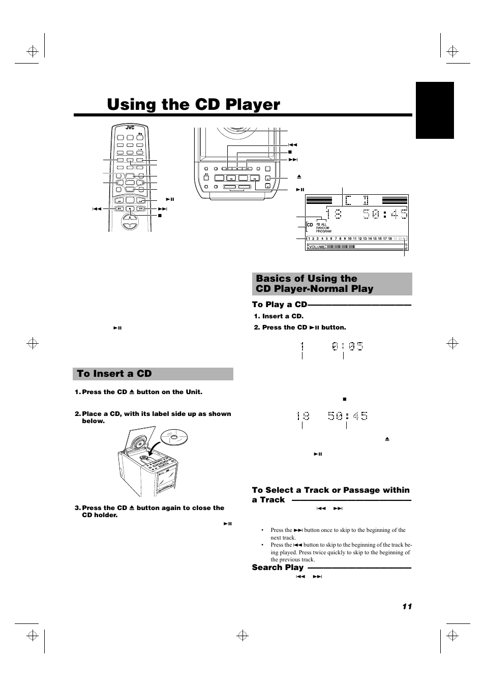 Using the cd player, Basics of using the cd player-normal play, 11 english | Search play, Standby | JVC UX-MD9000R User Manual | Page 15 / 33