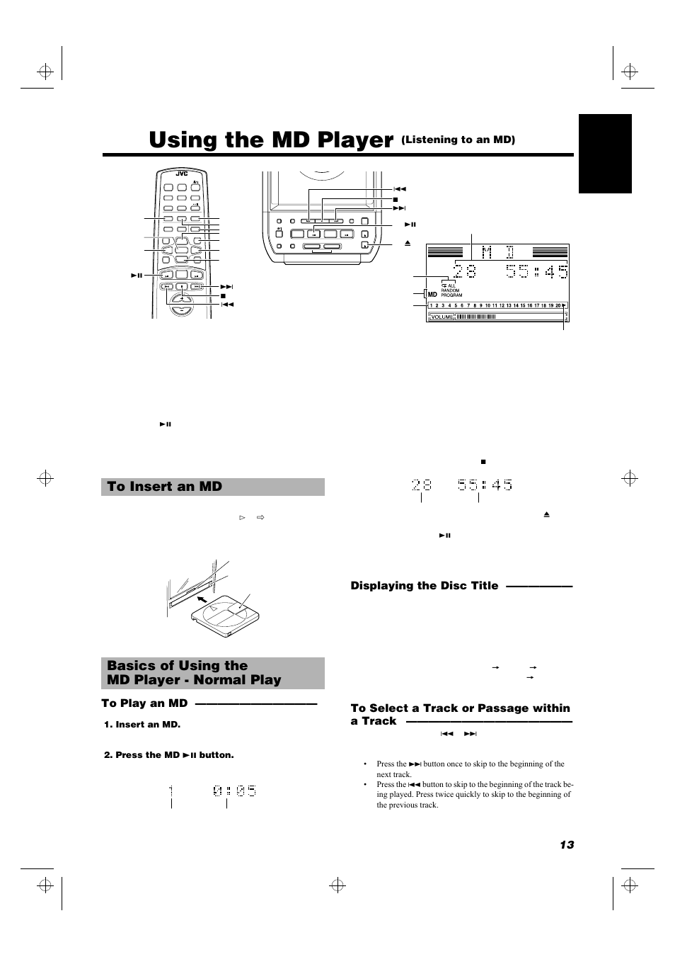 Using the md player, 13 english, Displaying the disc title | Listening to an md) | JVC UX-MD9000R User Manual | Page 17 / 33