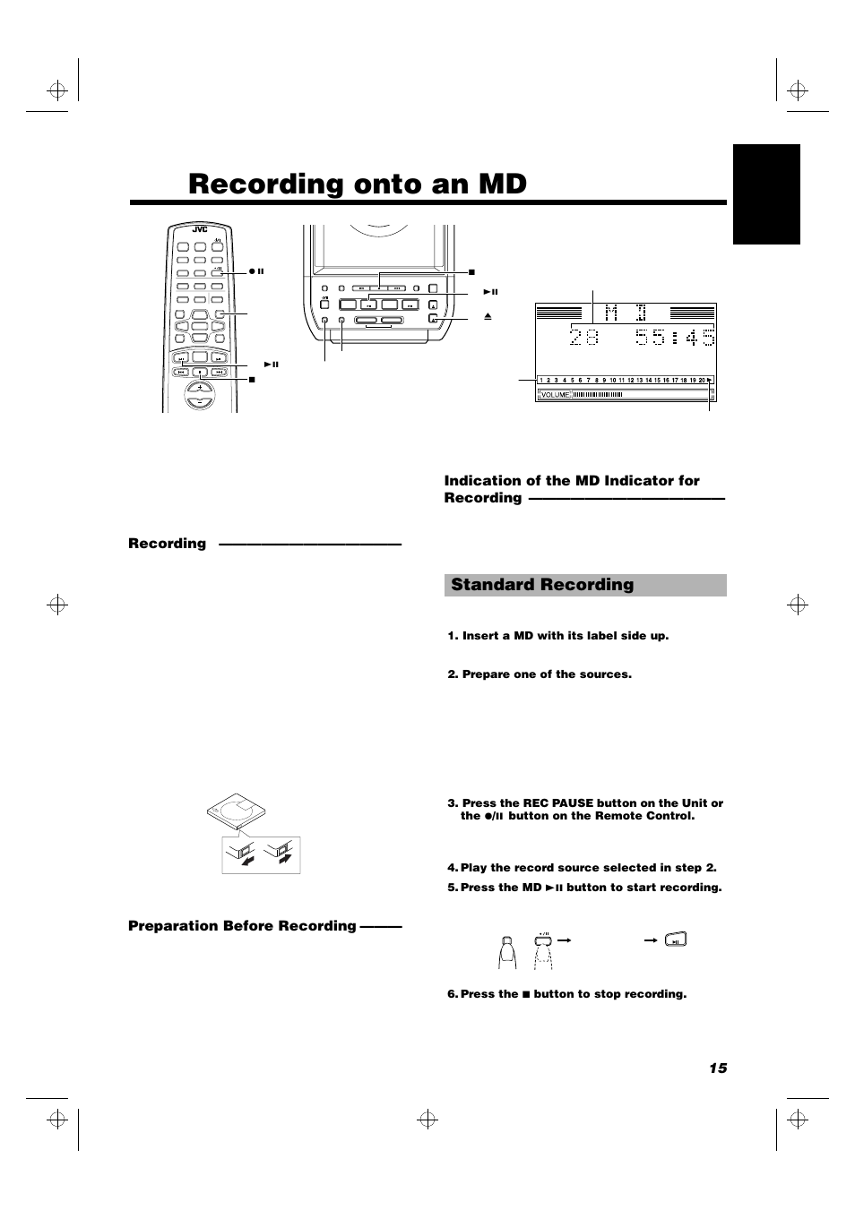 Recording onto an md, Standard recording, 15 english | Recording, Preparation before recording, Indication of the md indicator for recording, Insert a md with its label side up, Prepare one of the sources, Play the record source selected in step 2, Press the md 38 button to start recording | JVC UX-MD9000R User Manual | Page 19 / 33