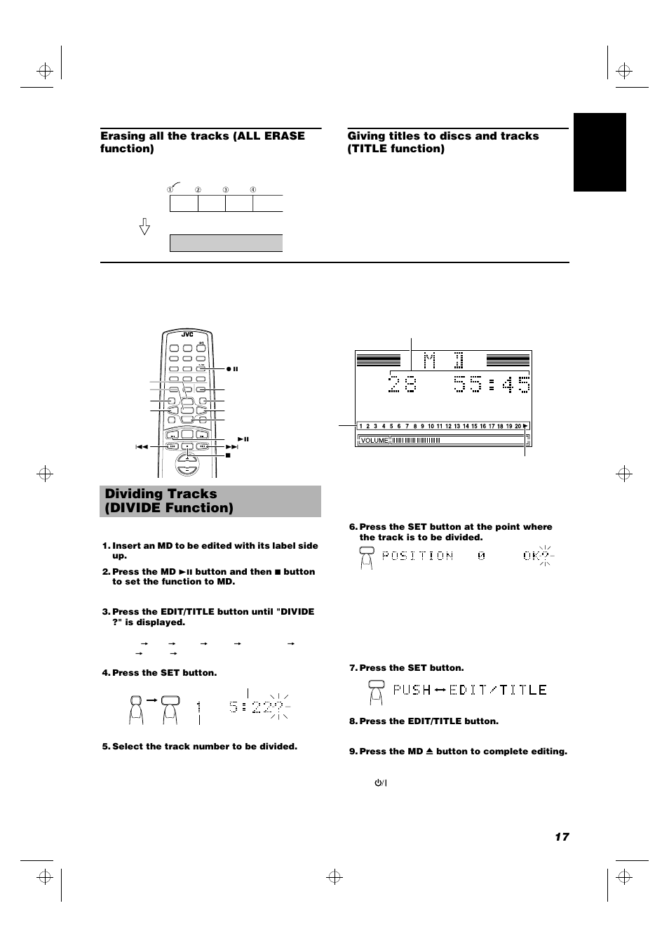 Dividing tracks (divide function), Giving titles to discs and tracks (title function) | JVC UX-MD9000R User Manual | Page 21 / 33