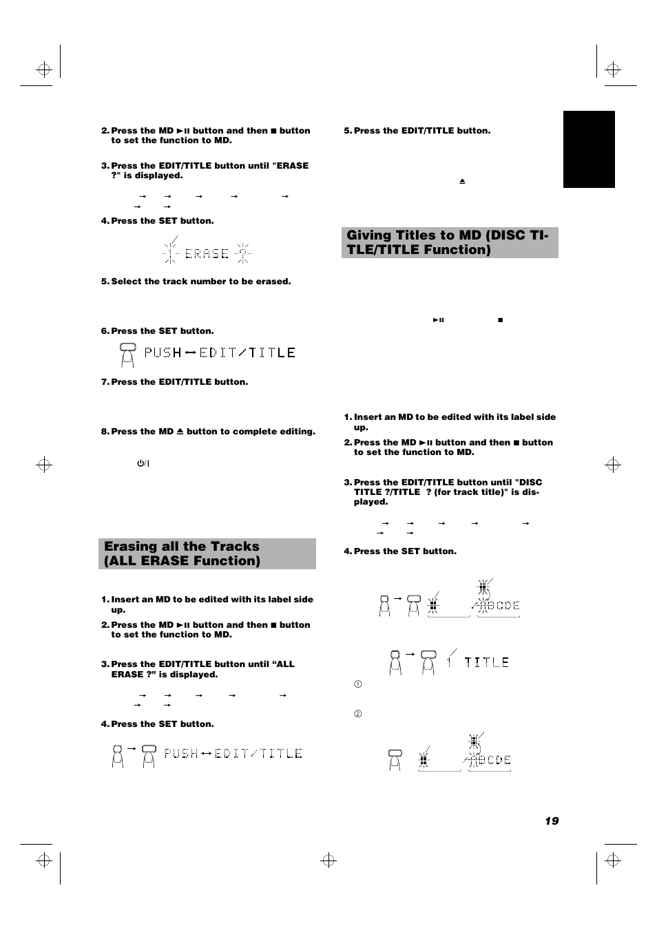 Erasing all the tracks (all erase function), Giving titles to md (disc ti- tle/title function) | JVC UX-MD9000R User Manual | Page 23 / 33