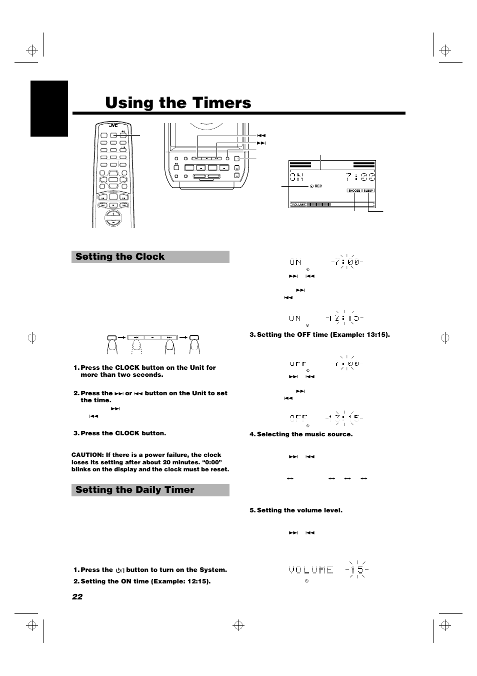 Using the timers, Setting the clock setting the daily timer, 22 english | JVC UX-MD9000R User Manual | Page 26 / 33