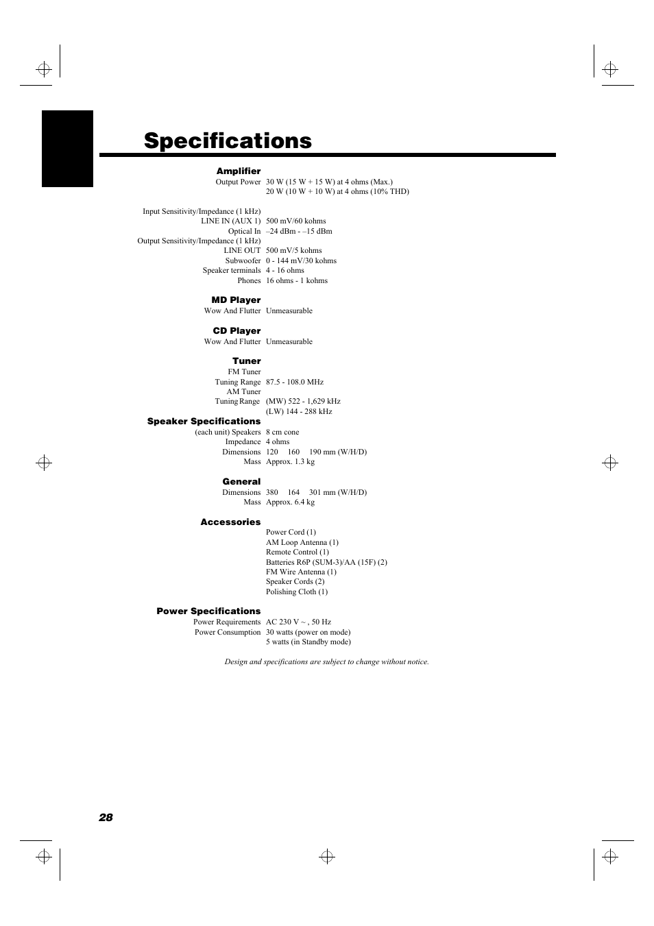 Specifications | JVC UX-MD9000R User Manual | Page 32 / 33