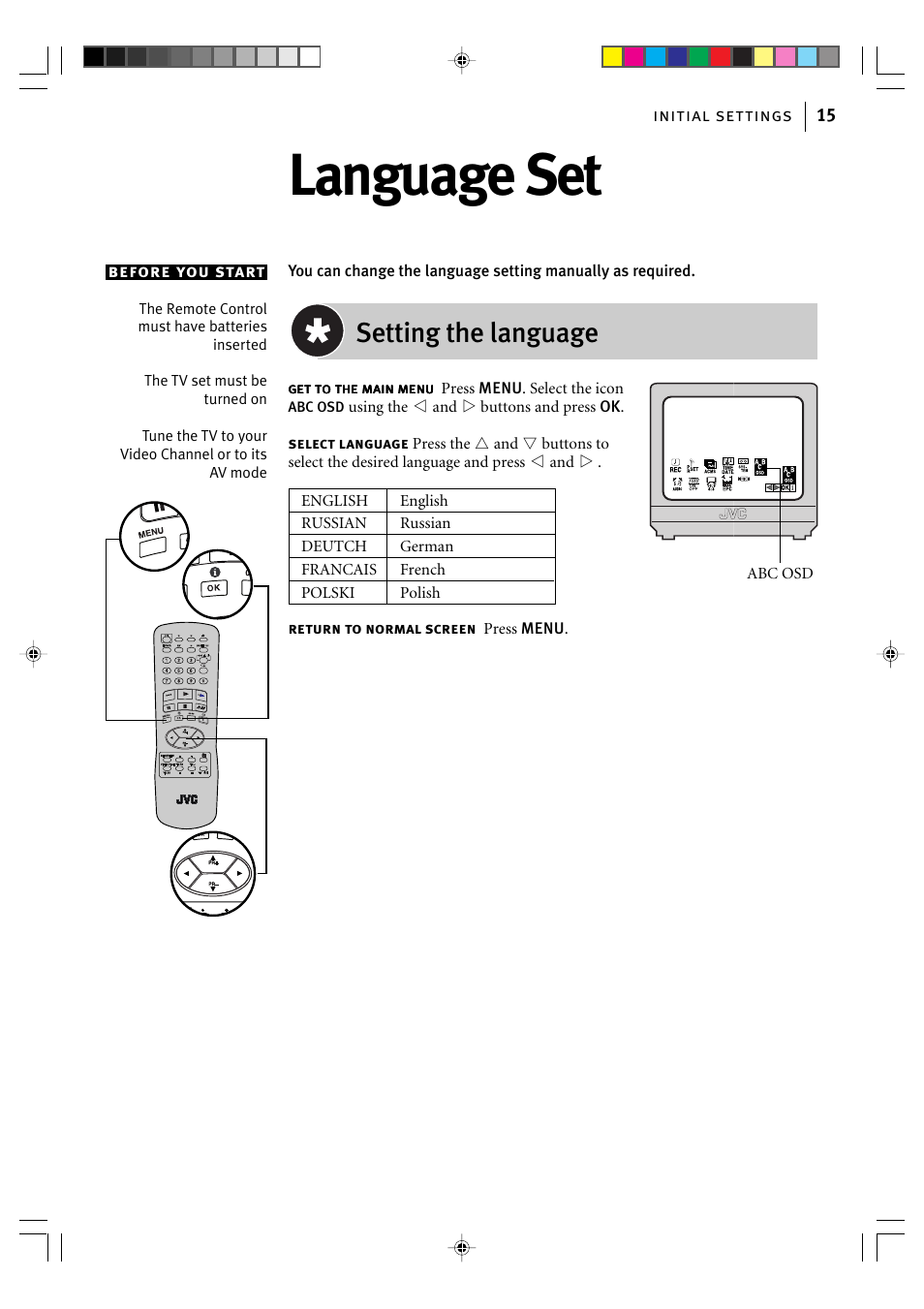 Language set, Setting the language | JVC HR-J595EK User Manual | Page 15 / 56