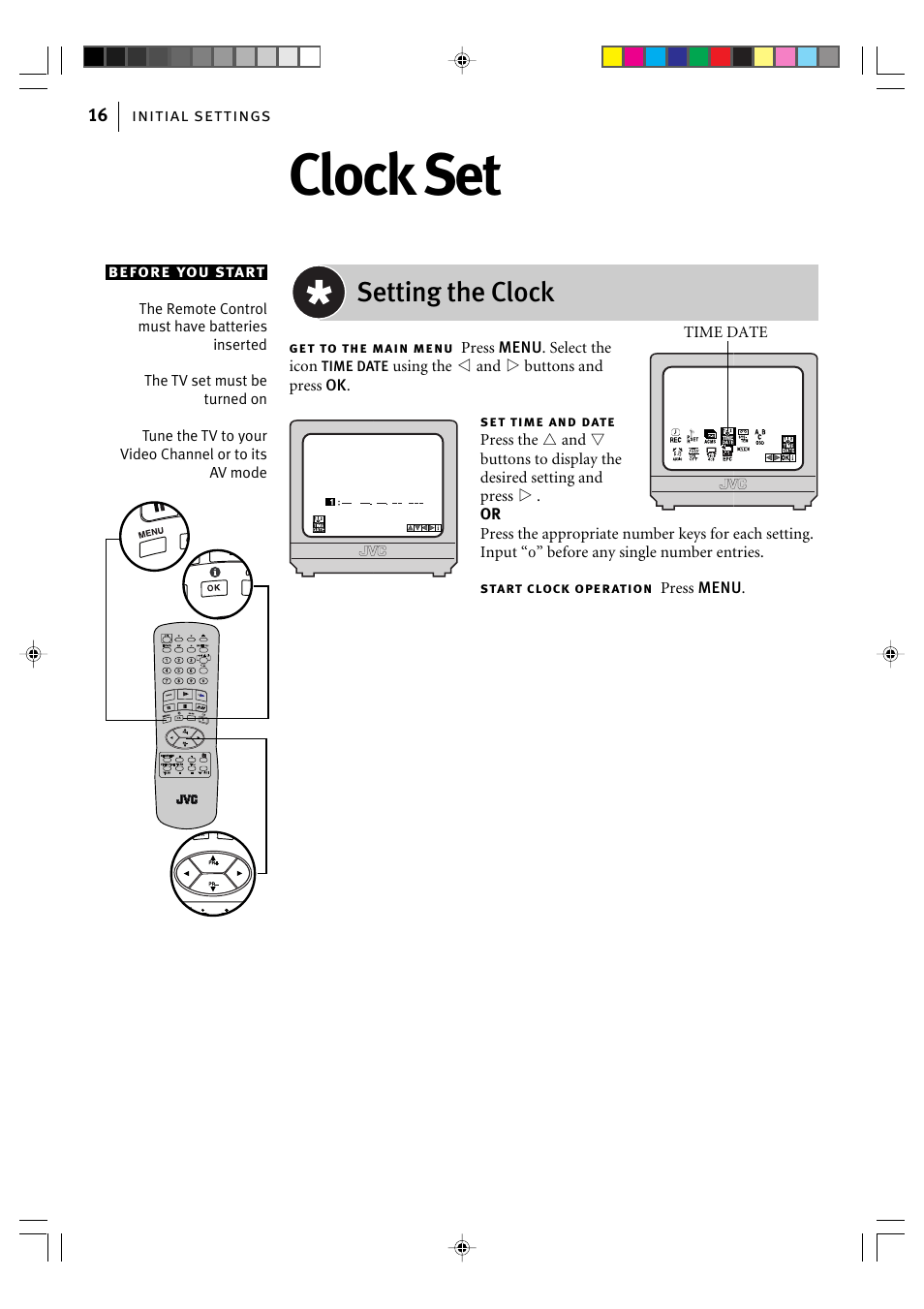 Clock set, Setting the clock | JVC HR-J595EK User Manual | Page 16 / 56