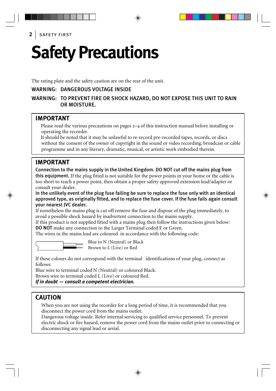 Safety precautions | JVC HR-J595EK User Manual | Page 2 / 56