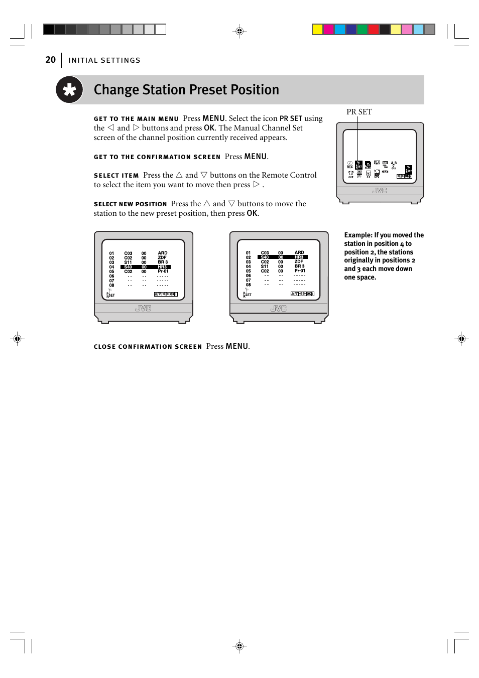 Change station preset position | JVC HR-J595EK User Manual | Page 20 / 56