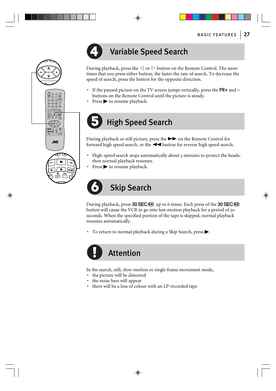 Variable speed search, High speed search, Skip search | Attention | JVC HR-J595EK User Manual | Page 27 / 56