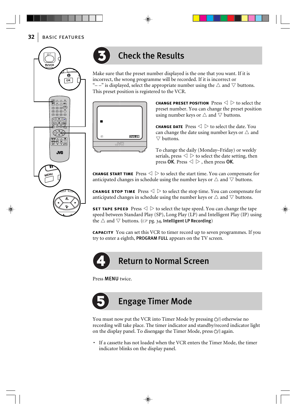 Check the results, Return to normal screen, Engage timer mode | Basic features 32, Appears on the tv screen, Press menu twice, Intelligent lp recording, Program full | JVC HR-J595EK User Manual | Page 32 / 56