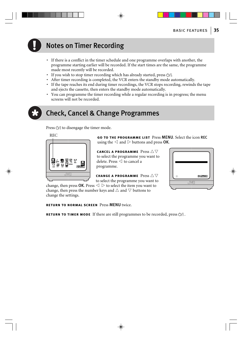 Check, cancel & change programmes, Basic features 35 | JVC HR-J595EK User Manual | Page 35 / 56