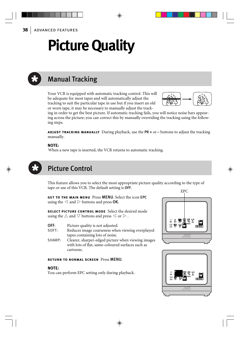 Picture quality, Manual tracking, Picture control | JVC HR-J595EK User Manual | Page 38 / 56