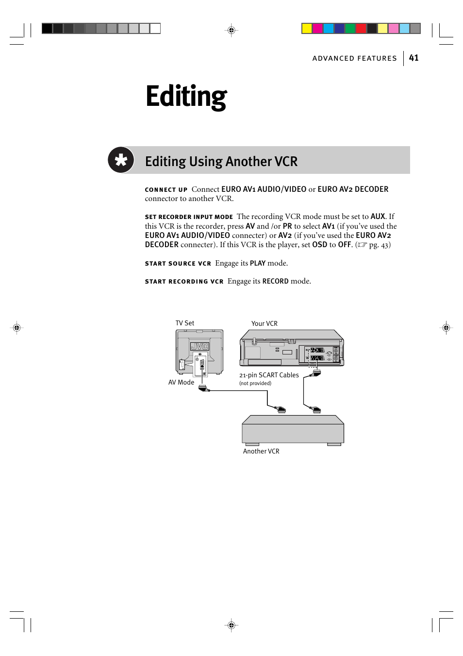 Editing, Editing using another vcr | JVC HR-J595EK User Manual | Page 41 / 56