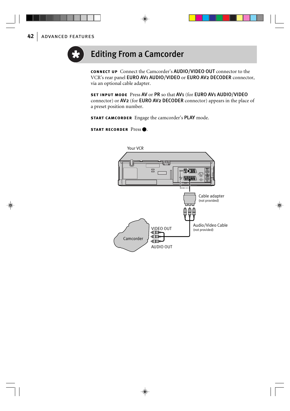 Editing from a camcorder, Advanced features 42 | JVC HR-J595EK User Manual | Page 42 / 56