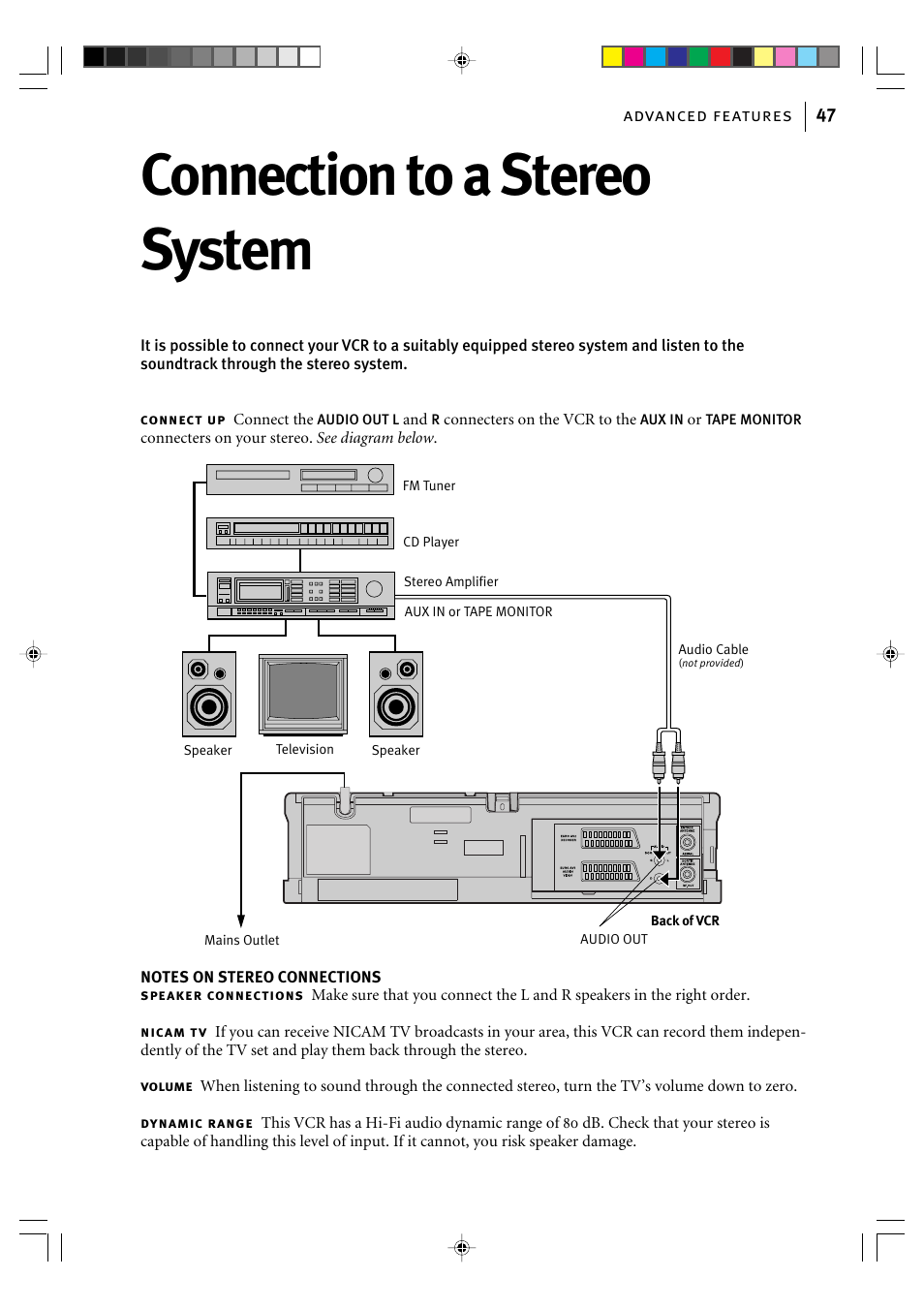 Connection to a stereo system, Advanced features 47 | JVC HR-J595EK User Manual | Page 47 / 56