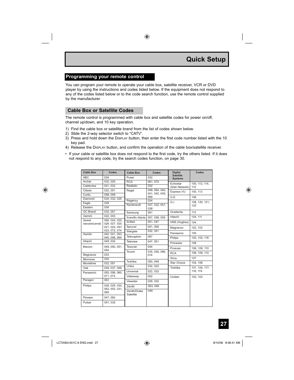 Programming your remote control, Quick setup, Cable box or satellite codes | JVC HD-70G887 User Manual | Page 27 / 88