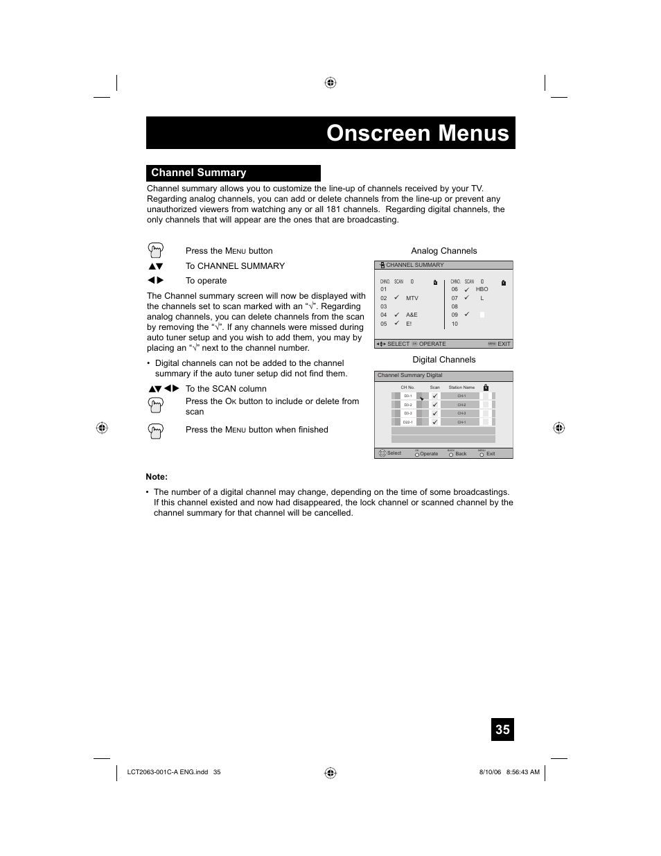 Channel summary, Onscreen menus | JVC HD-70G887 User Manual | Page 35 / 88