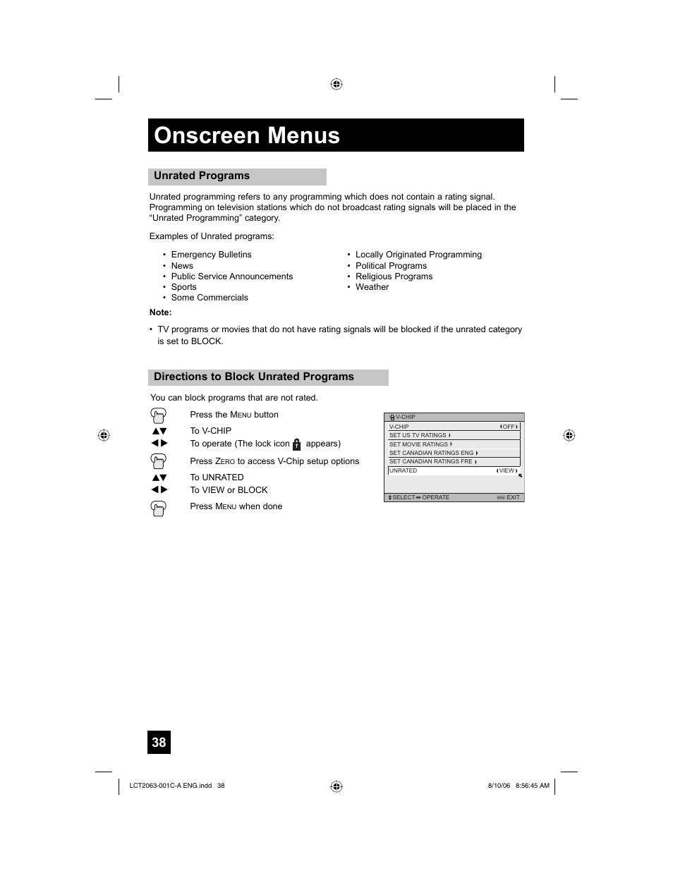 Onscreen menus, Directions to block unrated programs, Unrated programs | JVC HD-70G887 User Manual | Page 38 / 88