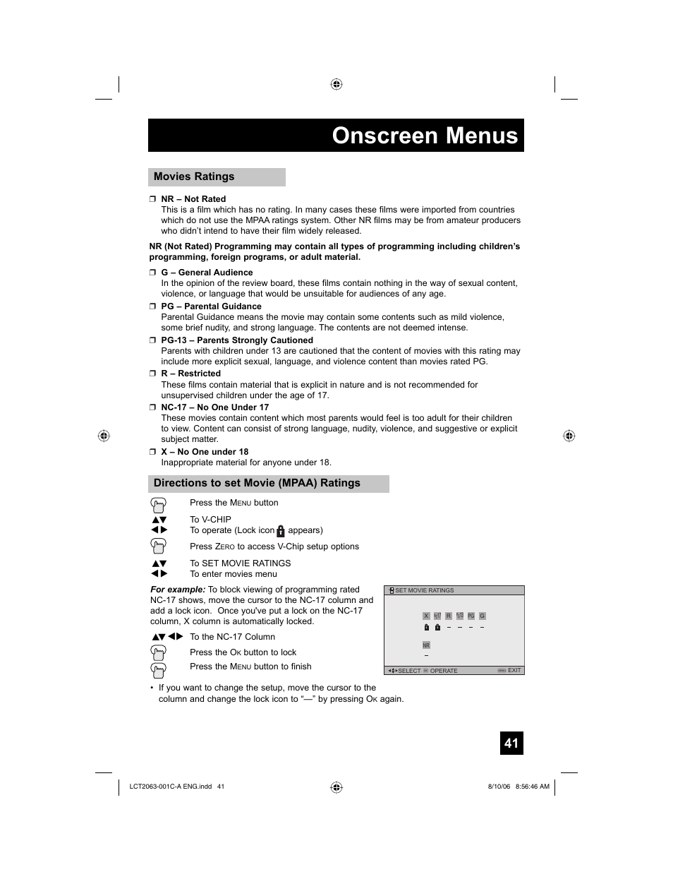 Onscreen menus, Movies ratings, Directions to set movie (mpaa) ratings | JVC HD-70G887 User Manual | Page 41 / 88