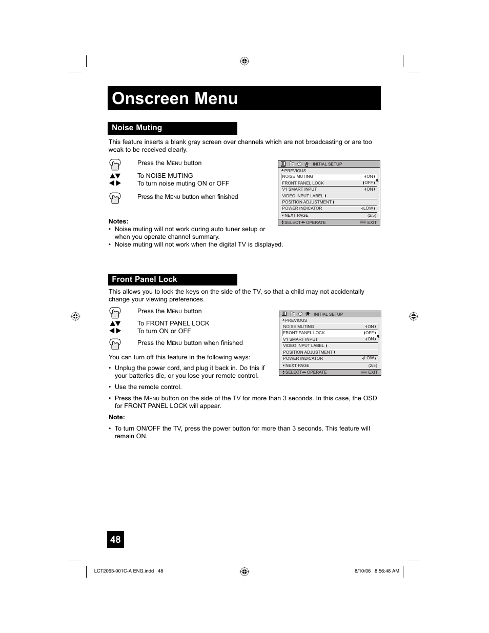 Noise muting, Front panel lock, Onscreen menu | JVC HD-70G887 User Manual | Page 48 / 88