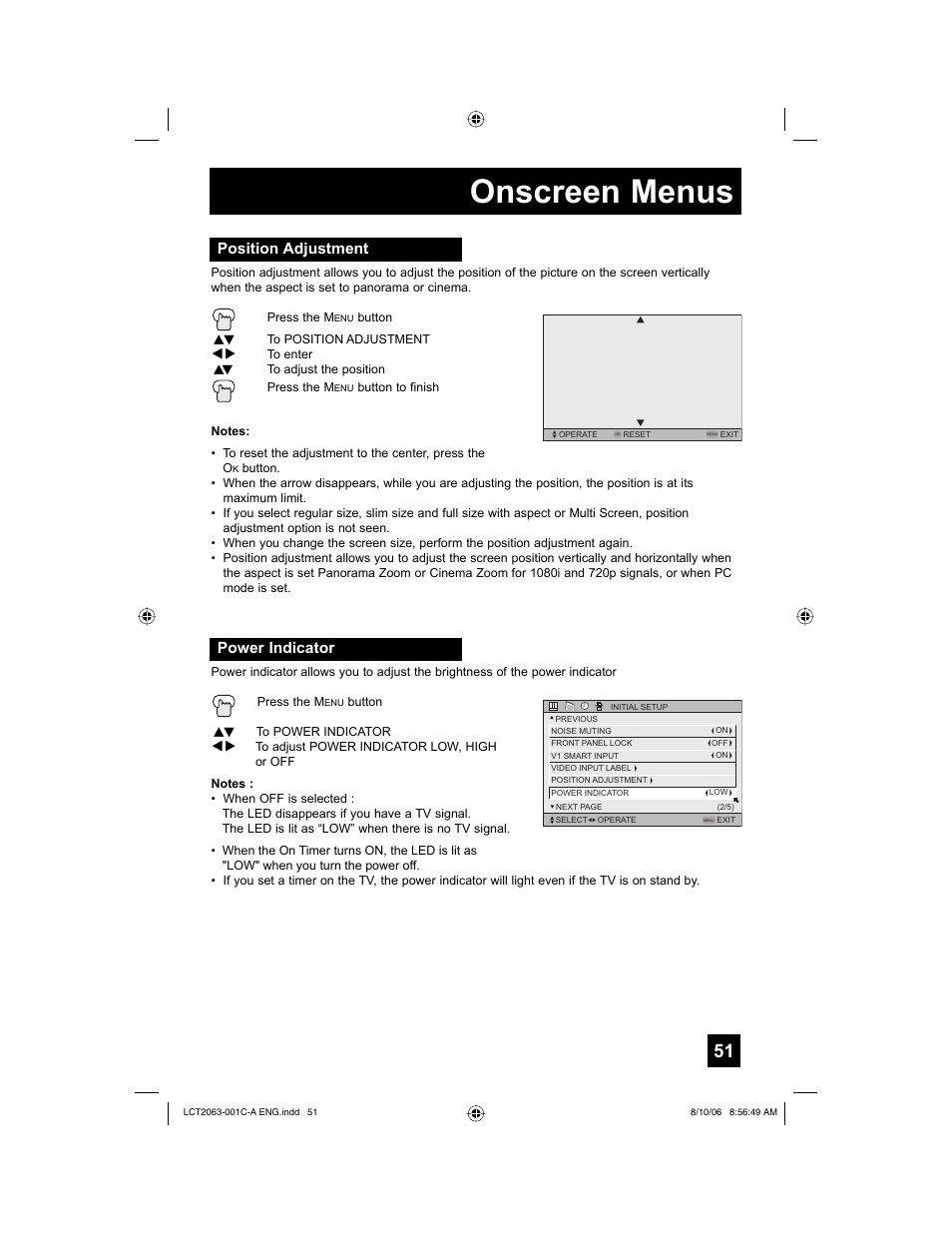 Position adjustment, Power indicator, Onscreen menus | JVC HD-70G887 User Manual | Page 51 / 88