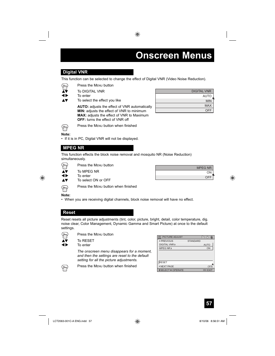 Digital vnr, Mpeg nr, Reset | Onscreen menus, Digital vnr mpeg nr | JVC HD-70G887 User Manual | Page 57 / 88