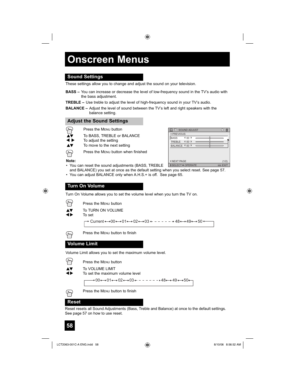 Sound settings, Turn on volume, Volume limit | Reset, Onscreen menus | JVC HD-70G887 User Manual | Page 58 / 88