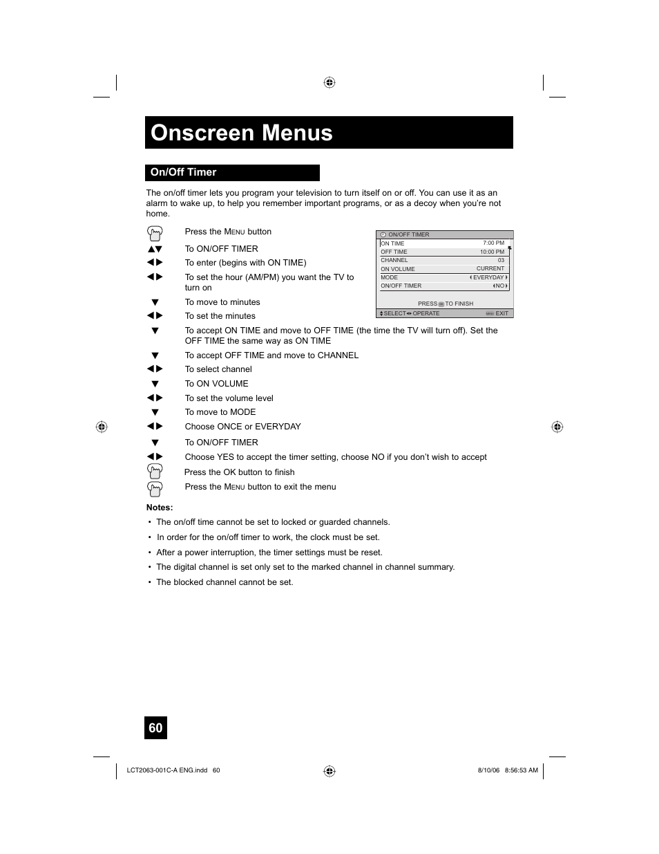 On/off timer, Onscreen menus | JVC HD-70G887 User Manual | Page 60 / 88