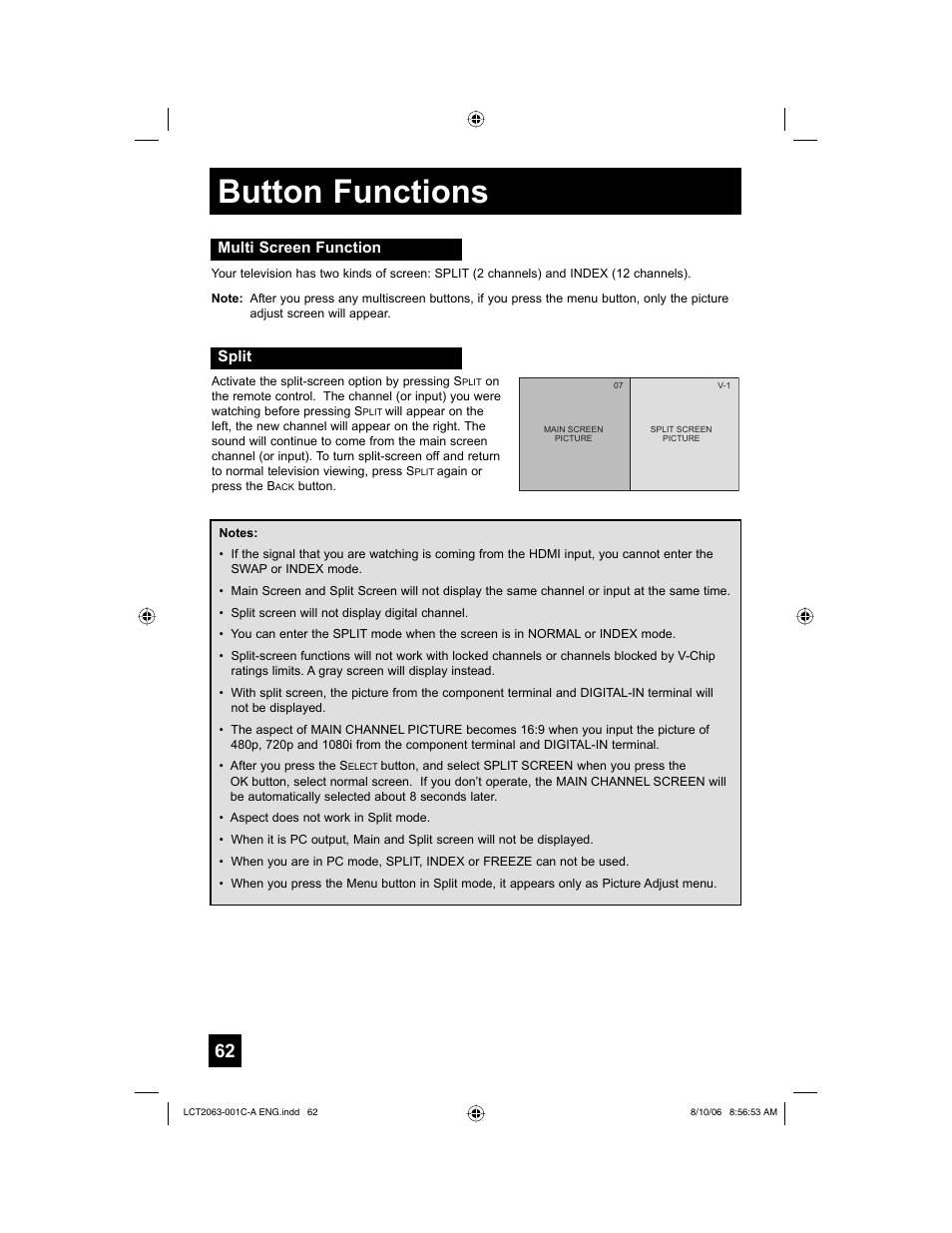 Button functions, Multi screen function, Split | JVC HD-70G887 User Manual | Page 62 / 88