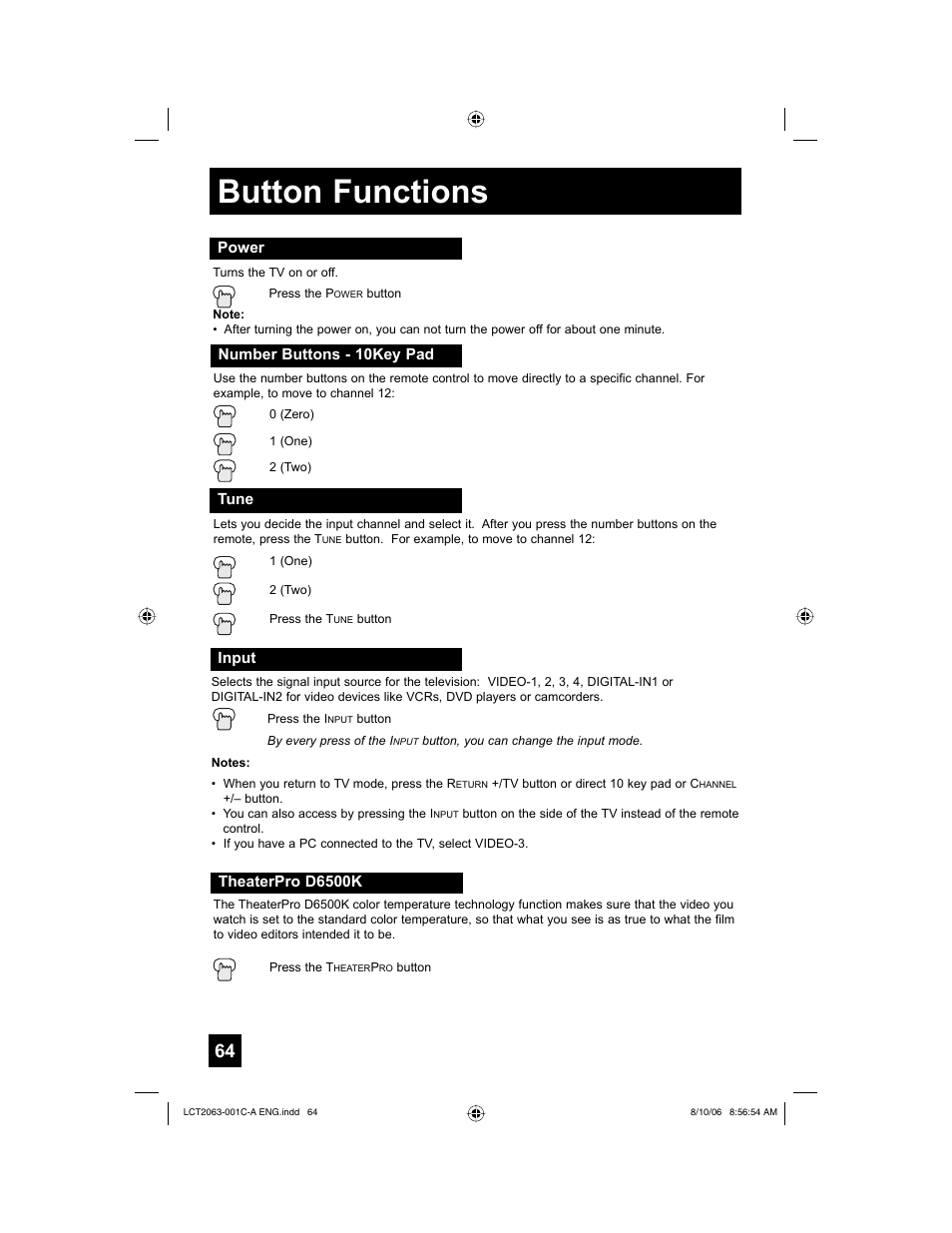 Power, Number buttons - 10key pad, Tune | Input, Theaterpro d6500k, Button functions | JVC HD-70G887 User Manual | Page 64 / 88