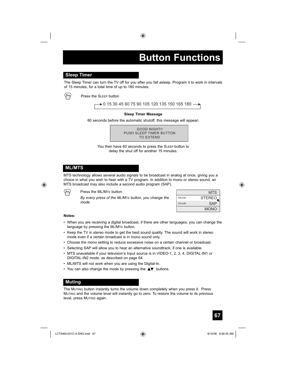 Sleep timer, Ml/mts, Muting | Button functions | JVC HD-70G887 User Manual | Page 67 / 88