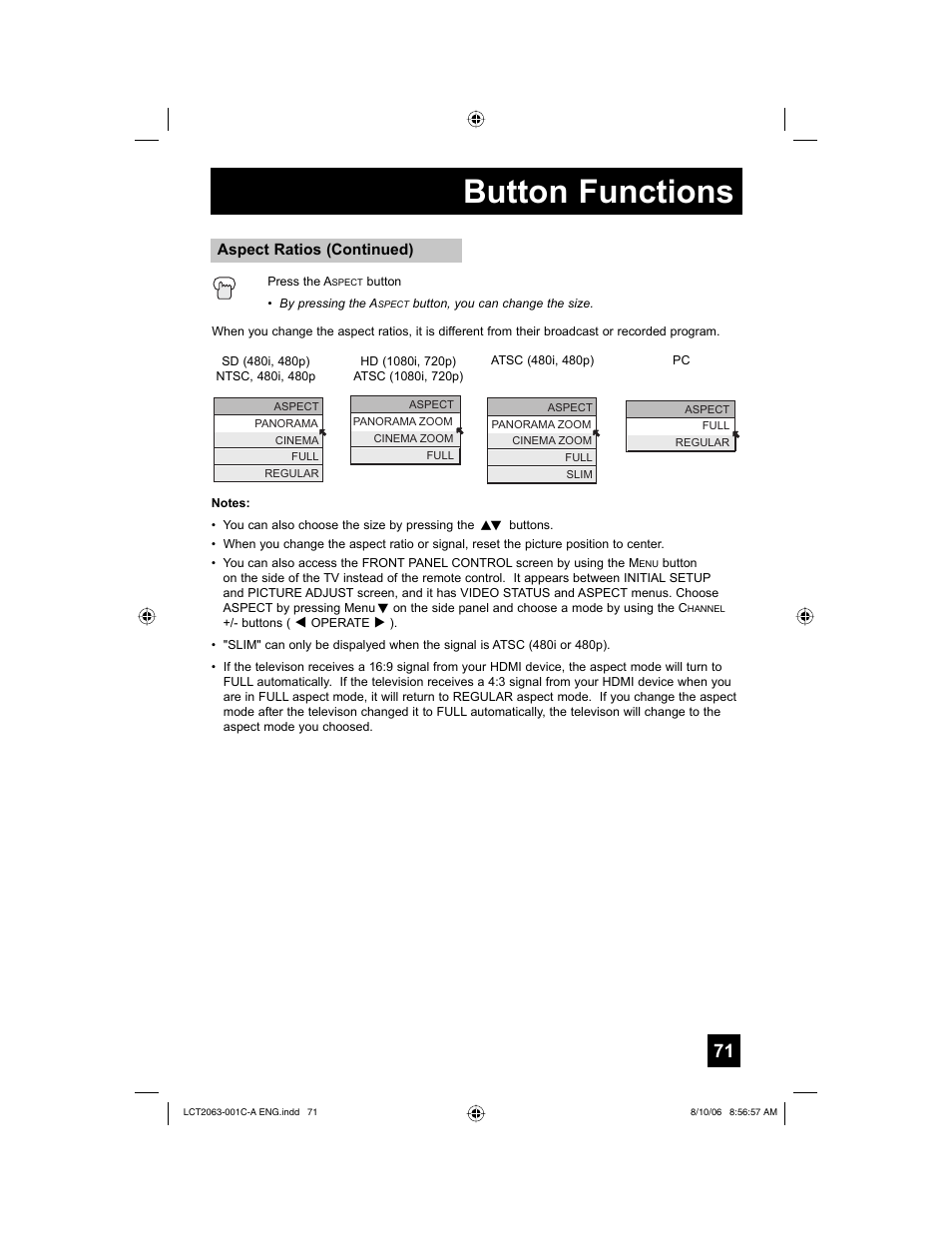 Button functions | JVC HD-70G887 User Manual | Page 71 / 88