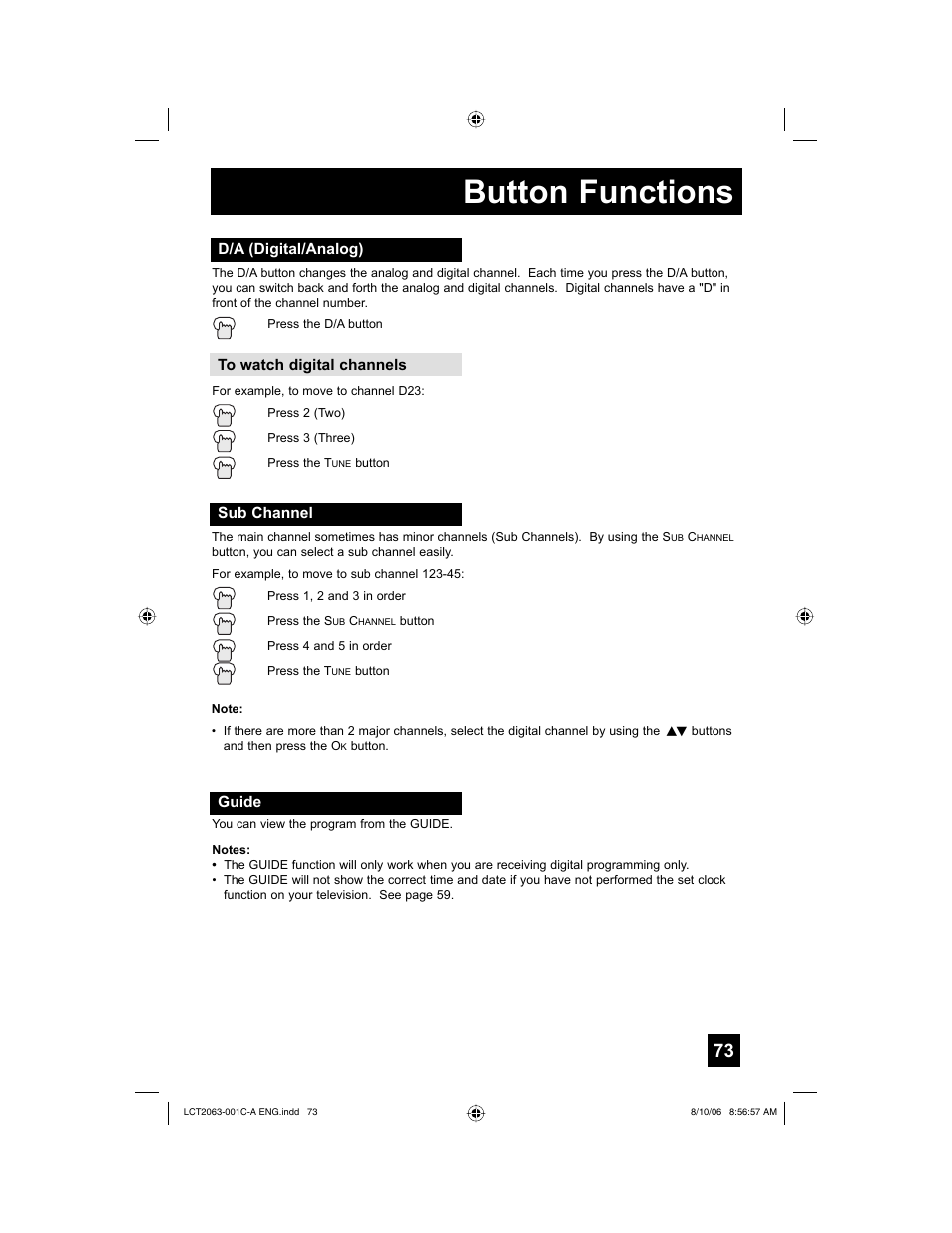 D/a (digital/analog), Sub channel, Guide | Button functions | JVC HD-70G887 User Manual | Page 73 / 88