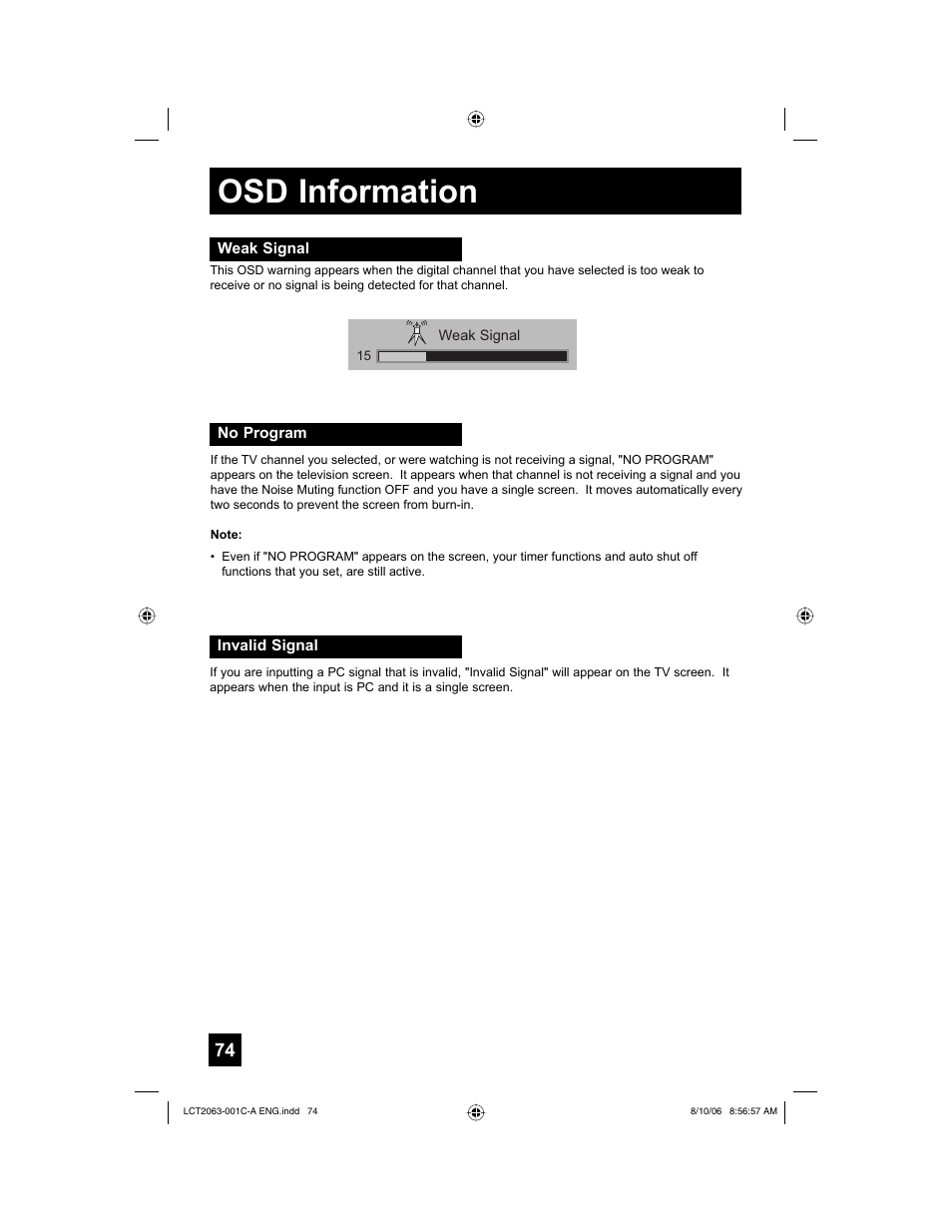 Osd information, Weak signal, No program | Invalid signal | JVC HD-70G887 User Manual | Page 74 / 88