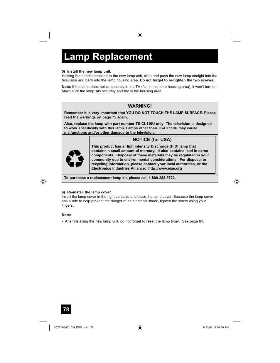 Lamp replacement | JVC HD-70G887 User Manual | Page 78 / 88